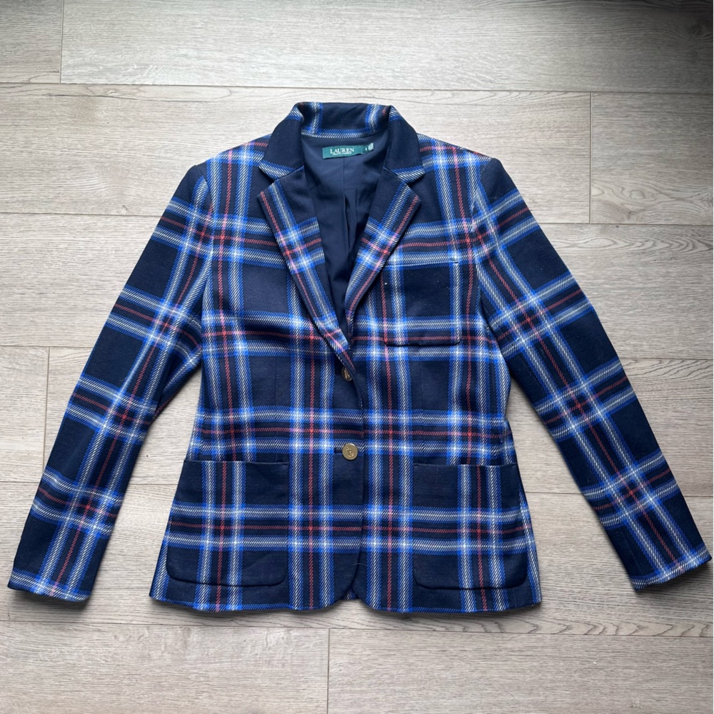 Lauren Ralph Lauren Blazer Womens Large Blue Plaid Gold Button Classic Preppy‎